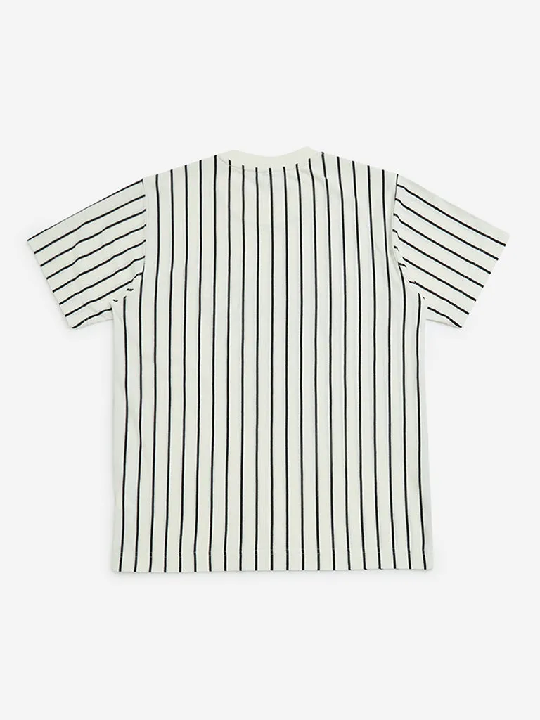 Y&F Kids Off-White Stripe Pattern Cotton-Blend T-Shirt