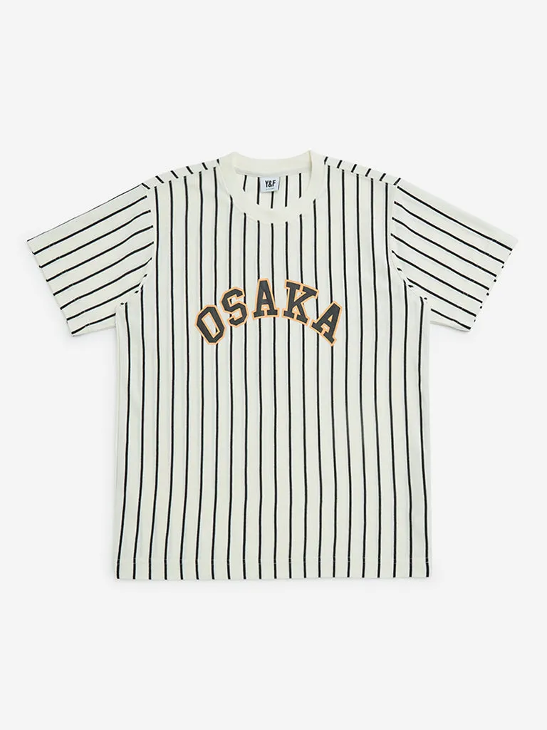 Y&F Kids Off-White Stripe Pattern Cotton-Blend T-Shirt