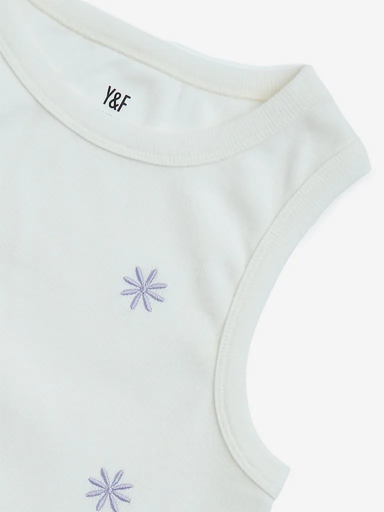 Y&F Kids White Floral Embroidered Cotton-Blend Top