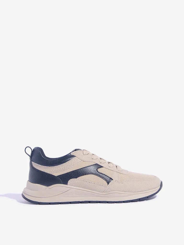 Yellow Beige Colour-Blocked Lace-Up Sneakers
