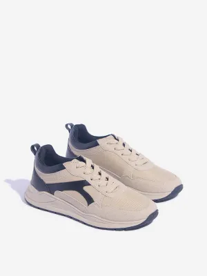 Yellow Beige Colour-Blocked Lace-Up Sneakers