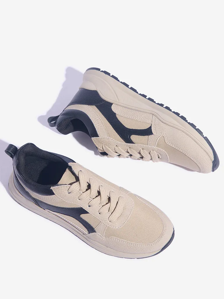 Yellow Beige Colour-Blocked Lace-Up Sneakers